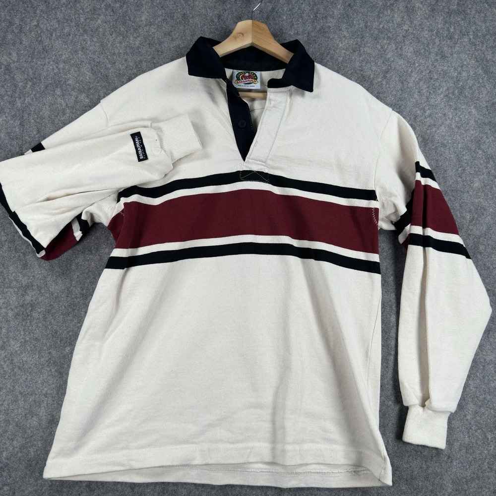 Barbarian Rugby Polo Shirt Mens Medium Cream Maroon Stripe Long Sleeve Canada